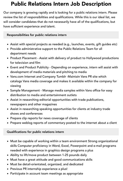 Public Relations Intern Job Description Velvet Jobs