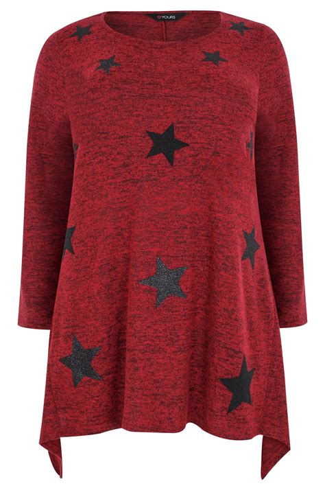 Red Textured Star Print Longline Knitted Top With Hanky Hem Plus Size