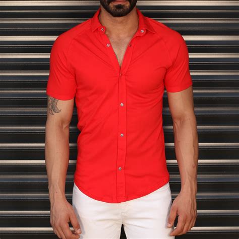 Mens Button Short Sleeve Muscle Fit Shirt In Red