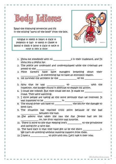body idioms worksheet  esl printable worksheets   teachers