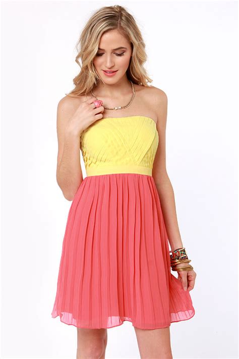 lovely strapless dress yellow dress coral pink dress 68 00