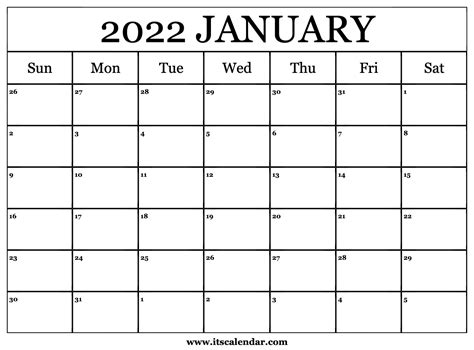 Printable Jan 2022 Calendar