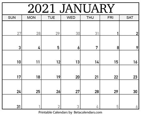 January 2021 Calendar Blank Printable Monthly Calendars