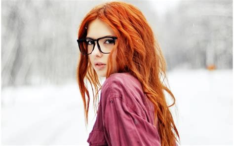 Glasses Redhead Women Women Outdoors Snow Model Long Hair Dark