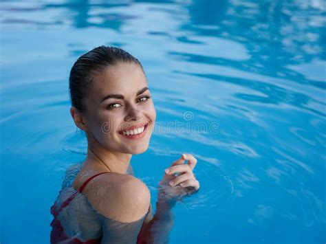Pretty Woman Swimming In The Pool Vacation Luxury Stock Photo Image