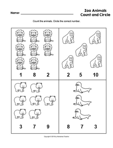4 printable zoo animals count and circle numbers 0 10 worksheets made