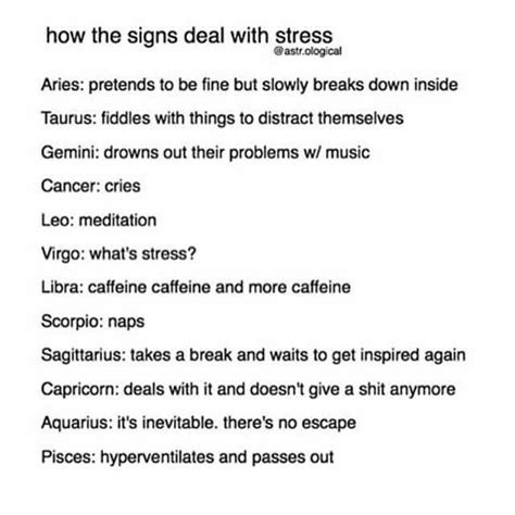 You very well know how to make your partner feel safe and secured. How the signs deal with stress, text; Zodiac Signs ...