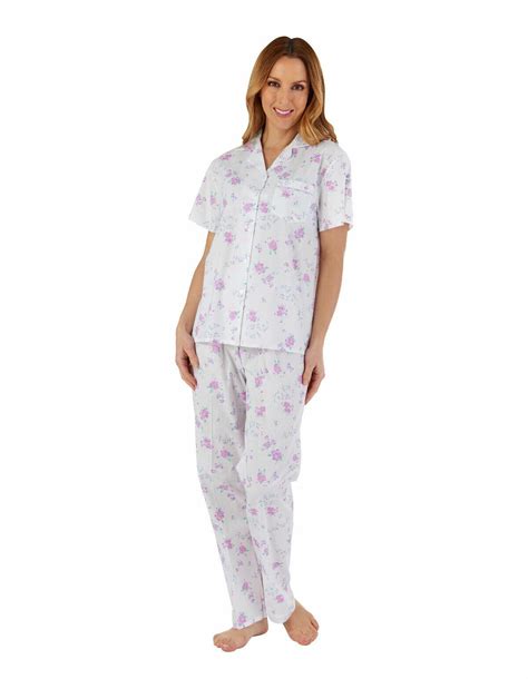 Ladies Slenderella Pyjamas Cotton Short Sleeve Floral Button Tailored Nightwear Ebay