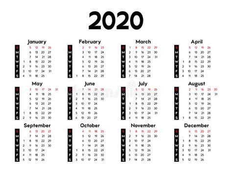 Calendar 2020 Week Starts On Sunday Basic Business Template Stock