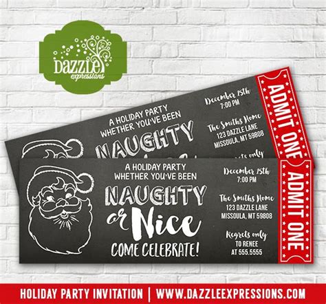 Printable Santa Naughty Or Nice Holiday Party Chalkboard Ticket Invitation Cocktail