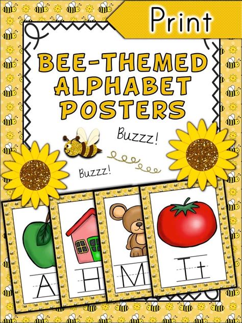 The Bee Themed Alphabet Posters Are Shown With Sunflowers