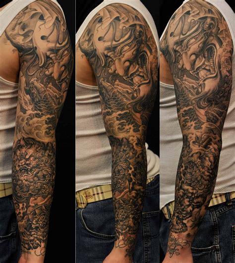 Nuoshen fake tattoo arm sleeve, nylon elastic arm stockings. Full sleeve Hannya Mask, Koi Fish, and Foo Dog tattoo ...