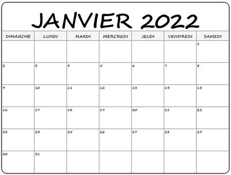 Gratuit Calendrier 2022 Janvier Imprimable (PDF, Word,Excel) | The