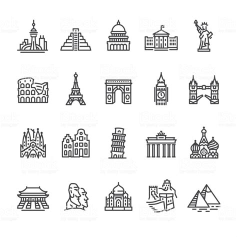 International Landmark And Famous Place Outline Vector Icons Doodle