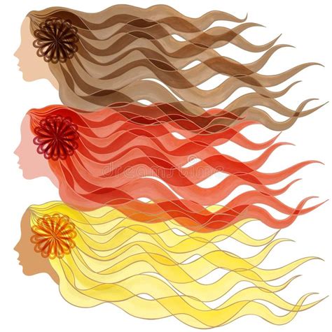 Three Female In Profile With Long Hair Stock Illustration