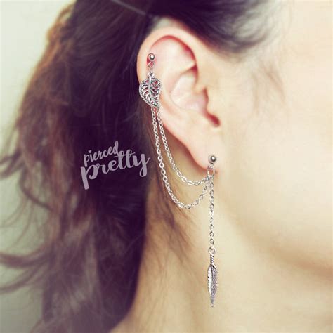 G G Leaf Feather Helix To Lobe Chain Earring Double Chain Etsy