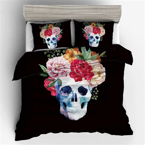 Comfortablebreathable And Soft Red Floral Skull 3d Bedding Duvet Cover