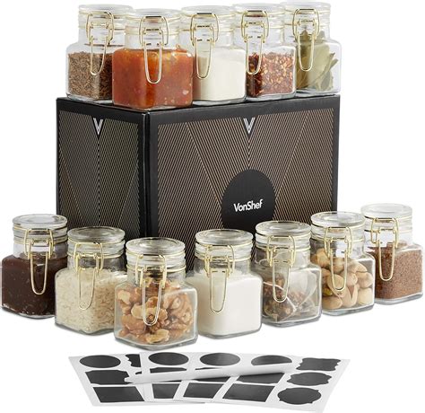 Vonshef Set Of 12 Mini Glass Storage Jars With Labels Gold Clip Top