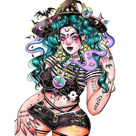 A Drawing Of A Woman With Blue Hair And Tattoos