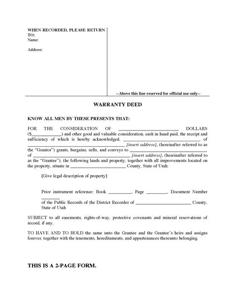 Utah Warranty Deed Form Legal Forms And Business Templates