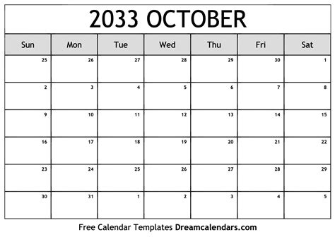 October 2033 Calendar Free Blank Printable With Holidays