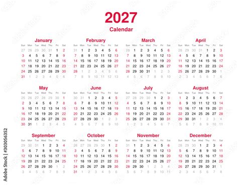 Calendar 2027 12 Months Yearly Vector Calendar In Year 2027