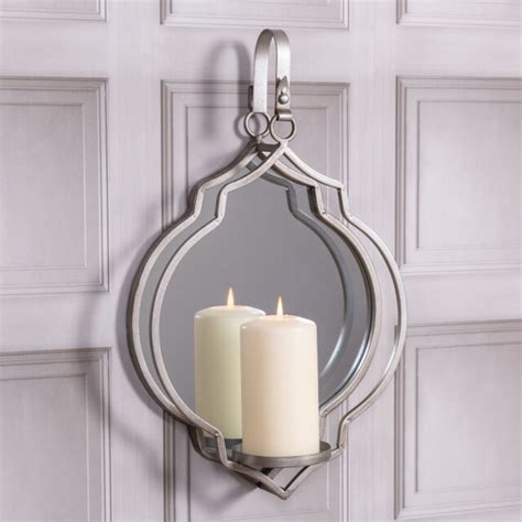 Large Mirrored Silver Candle Holder Wall Sconce Metal Glass Hanger Home