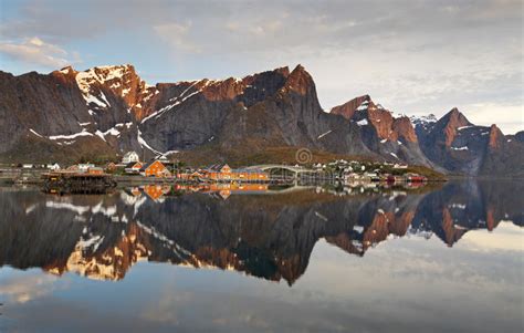 Norway Village Reine With Mountain Panorama Stock Image Image Of