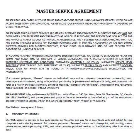 sample master service agreements sample templates