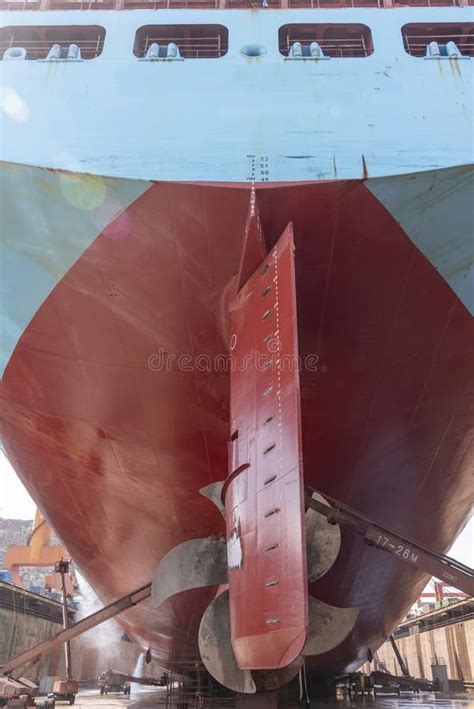 Back View On The Container Ship Ships Rudder Is On The First Plan