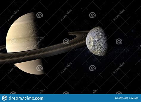 Mimas Satellite Orbiting Around The Saturn Planet 3d Render Stock