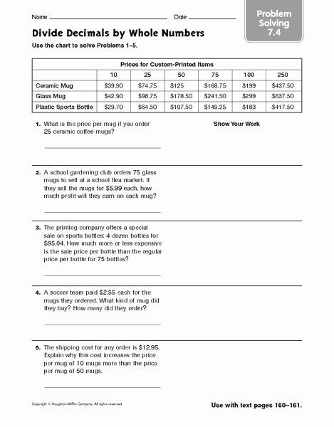 Dividing Decimals By Whole Numbers Word Problems Worksheets 5th Grade