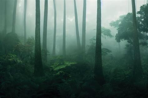 Premium Photo Foggy Night Jungle Forest Dark Trees In White Mist 3d