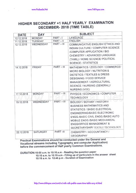 Half Yearly Exam Time Table For 10th 11th 12th Standard 2018 2019