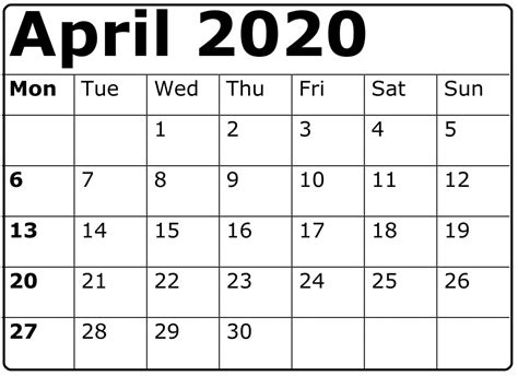 April 2020 Calendar Us Monthly Printable Template