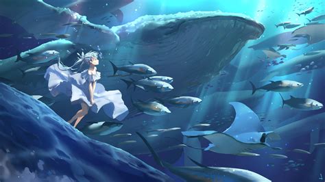 Anime Girl Underwater With Sealife 4k Ultra Hd Wallpaper Background