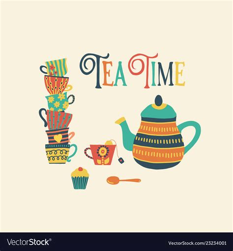 Tea Time Hand Drawn Retro Royalty Free Vector Image