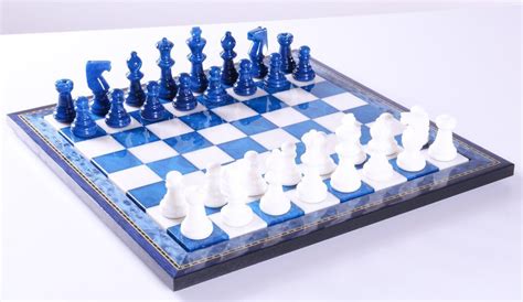 Blue And White Alabaster Chess Set With Wood Frame Chess House