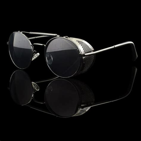 Black Vintage Retro Steampunk Gothic Side Shield Hipster Round Sunglasses B