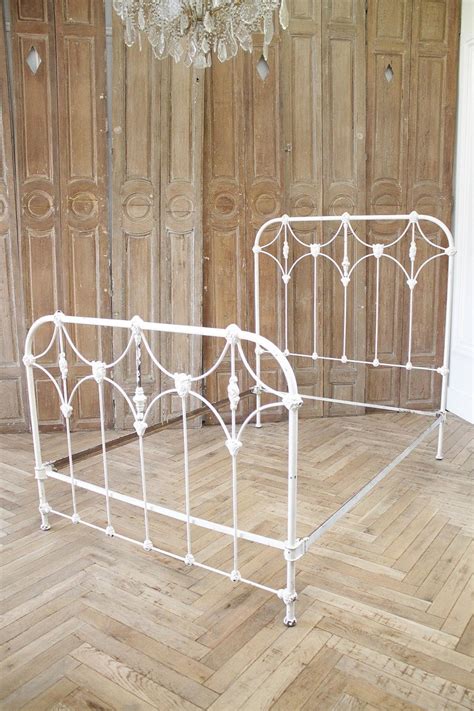 Antique Full Size White Painted Iron Bed With Brass