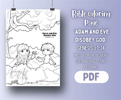 Bible Coloring Page Adam And Eve Disobey God Etsy