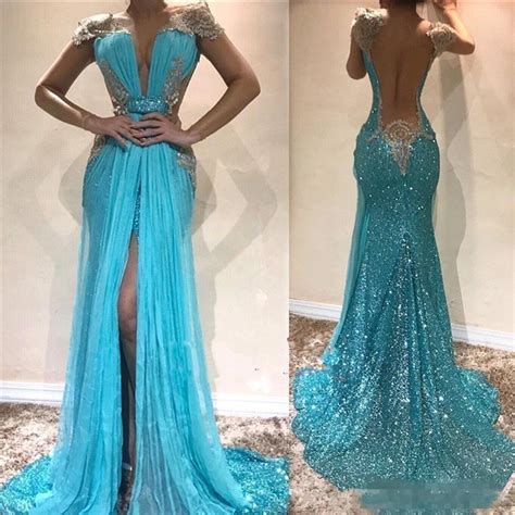 New Turquoise Sequined Lace Mermaid Prom Dresses Backless Cap Sleeve