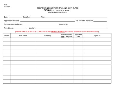 Training Class Sign In Sheet Templates At