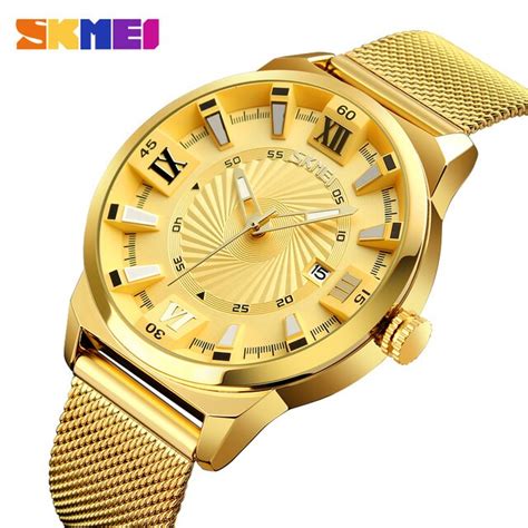 Skmei Luxury Mens Quartz Wristwatches Golden Design 304 Stainless