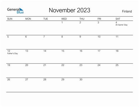 November 2023 Monthly Calendar With Finland Holidays
