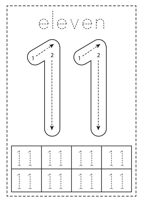 Tracing Number Eleven Preschool Worksheet Black And White 8813541