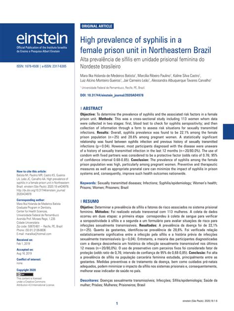 Pdf High Prevalence Of Syphilis In A Female Prison Unit In