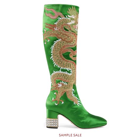 Dragon Satin Mid Heel Knee Boot Gucci Womens Boots And Booties