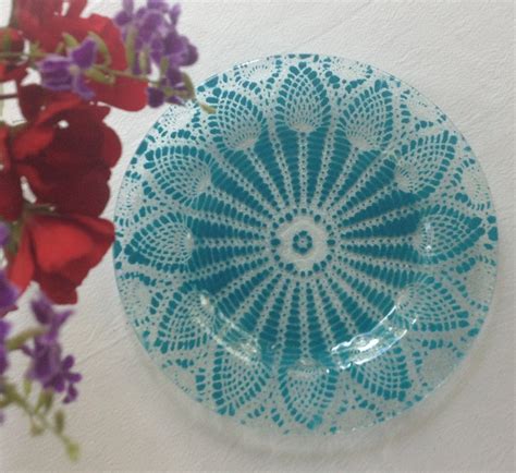 Dark Aqua Dessert Plate Fused Glass Doily Pattern Plate Etsy