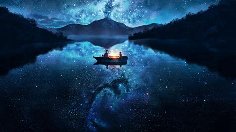 Wallpaper Forest Mountains Boat Dark Night Lake Reflection